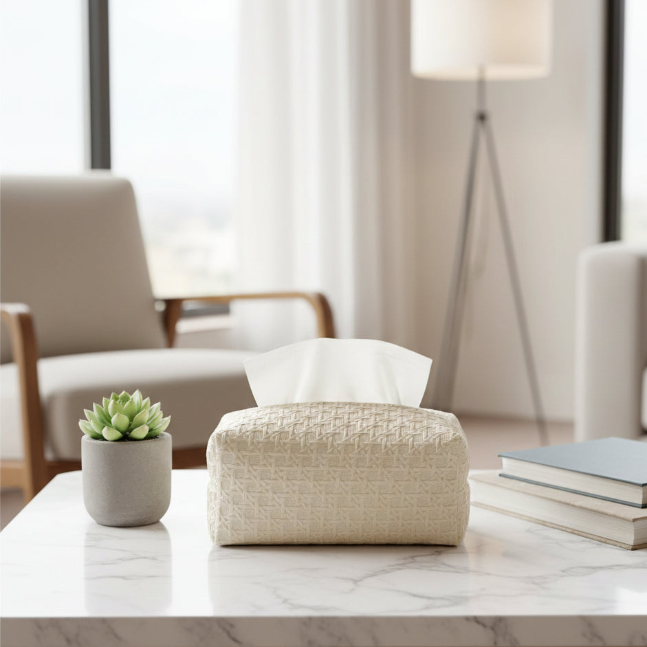Luxury Faux Rattan Leather Tissue Box Cover